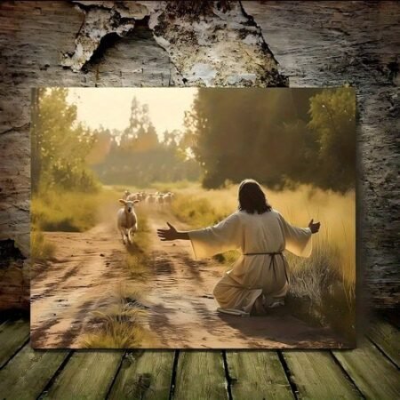 16x24inch Retro Canvas Print Jesus Kneeling Welcome Sheep Christian Faith Decor