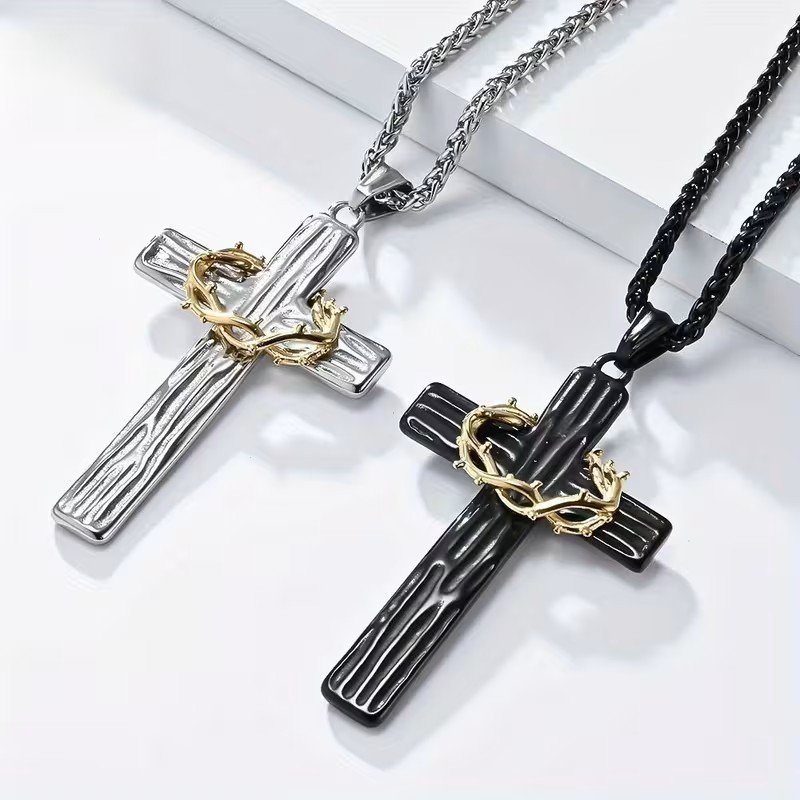Mens Christian Cross Necklace Crown of Thorns Pendant Faith Religious Gift Jesus