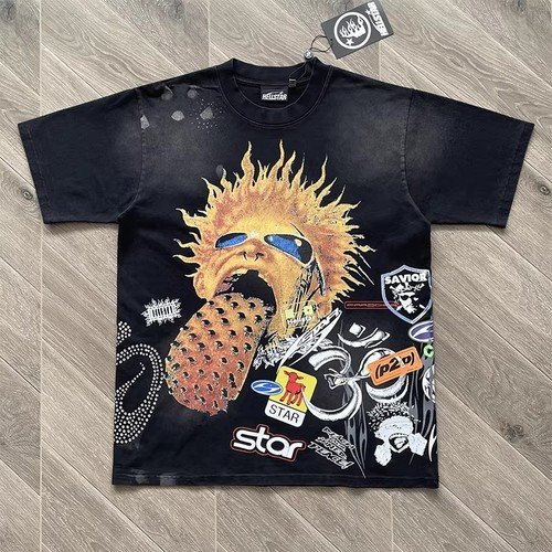 MENS HELL STUDIOS STAR Graffiti flame figures logo Printed Cotton T-shirt