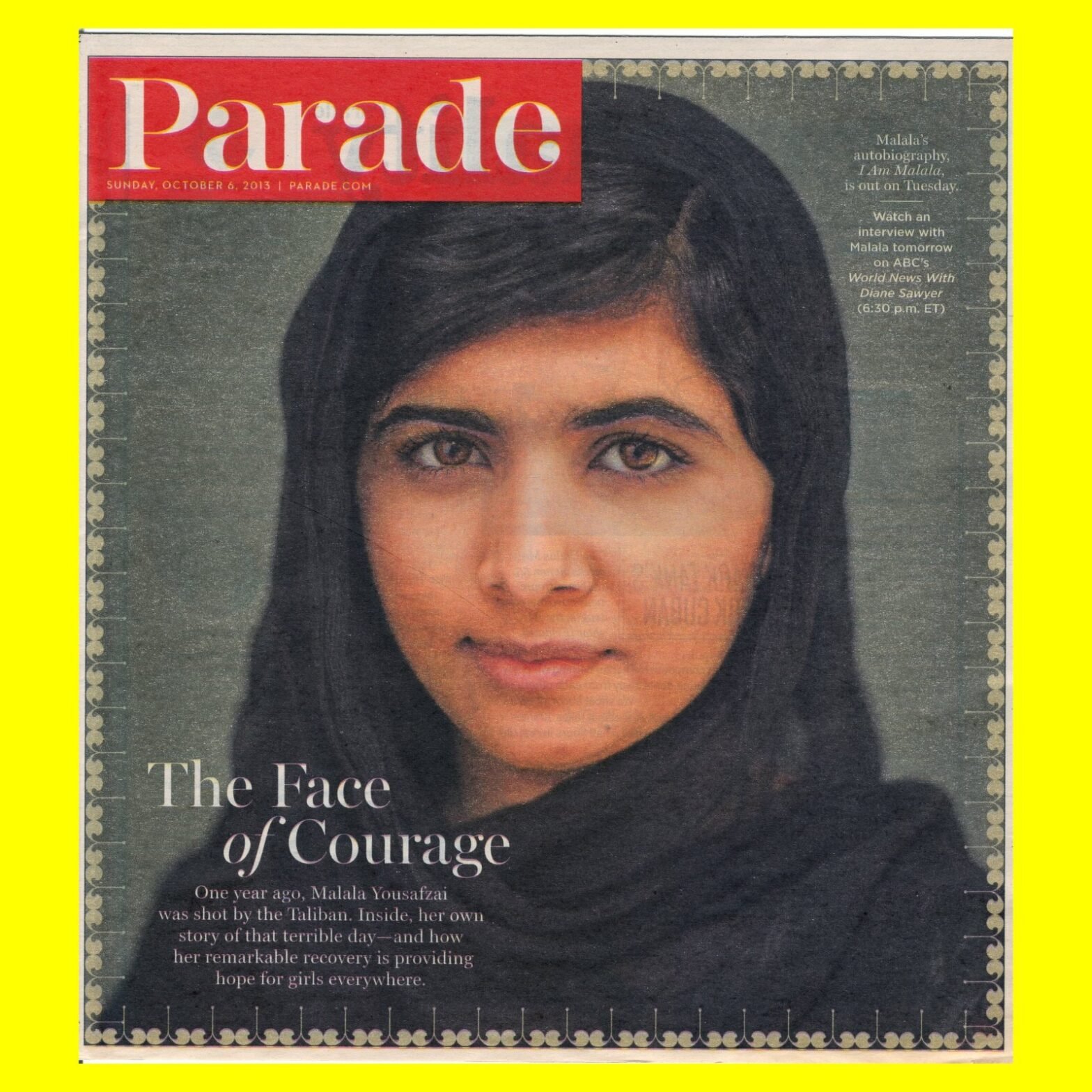 MALALA YOUSAFZAI (I Am Malala) NOBEL PRIZE Parade Magazine 2013 {+BONUS stamps