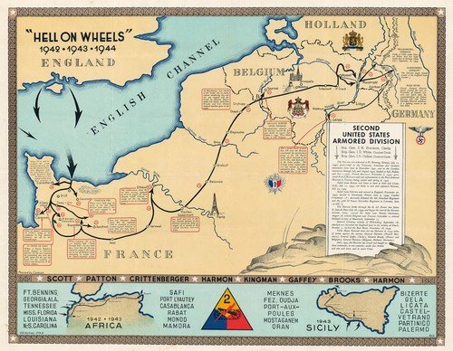 Hell on Wheels WWII Route Map of the 2nd Armored Div War Military Poster Print