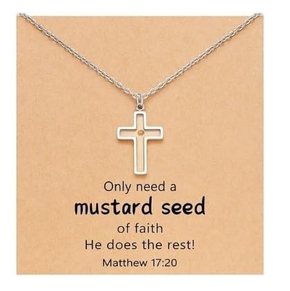 Mustard Seed Necklace Faith Necklace Christian Gift - Silver crucifix