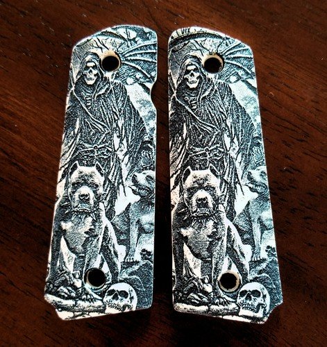 1911 custom engraved imitation ivory scrimshaw grips Grim Reaper Hell Dogs Skull