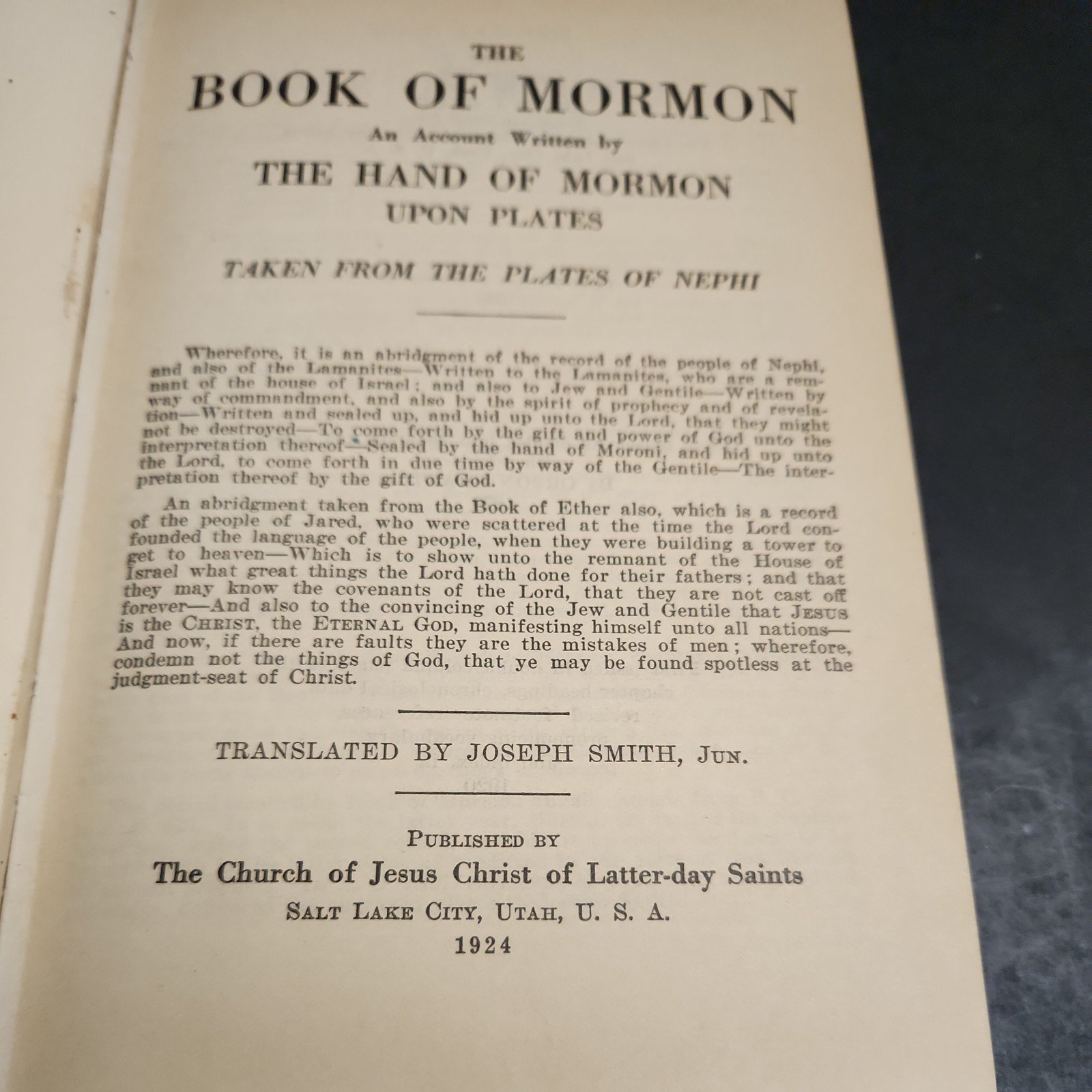 The Book of Mormon 1924 By Joseph Smith LDS Salt Lake City ~ better date good
